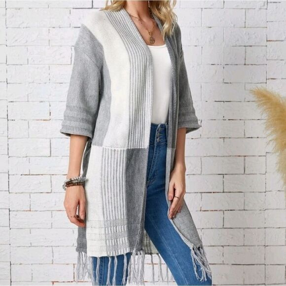 Colorblock Tassel Hem Drop Shoulder Cardigan - Picture 5 of 5